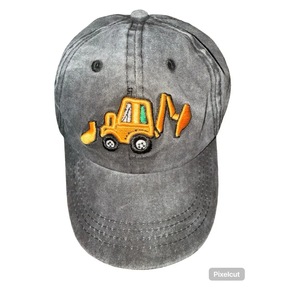 Kids Construction Excavator Hat Adjustable Gray Baseball Cap Embroidered Backhoe